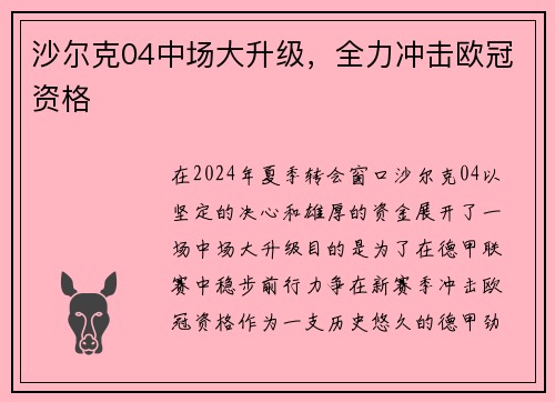 沙尔克04中场大升级，全力冲击欧冠资格